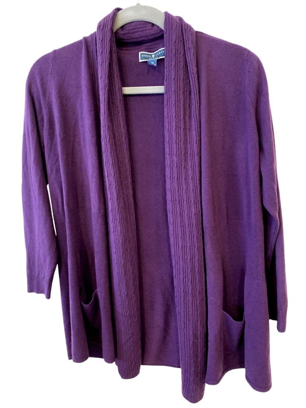 Karen Scott Womens 0X Purple Open Front Cardigan Sweater Pockets Grandmacore